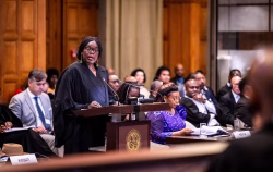 Professor Phoebe Okowa presenting before the International Court of Justice in The Hague, May 2025 — now the first Kenyan judge to sit on the world’s highest court.