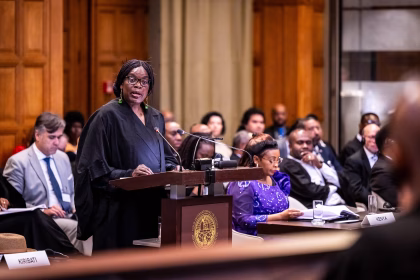 Professor Phoebe Okowa presenting before the International Court of Justice in The Hague, May 2025 — now the first Kenyan judge to sit on the world’s highest court.