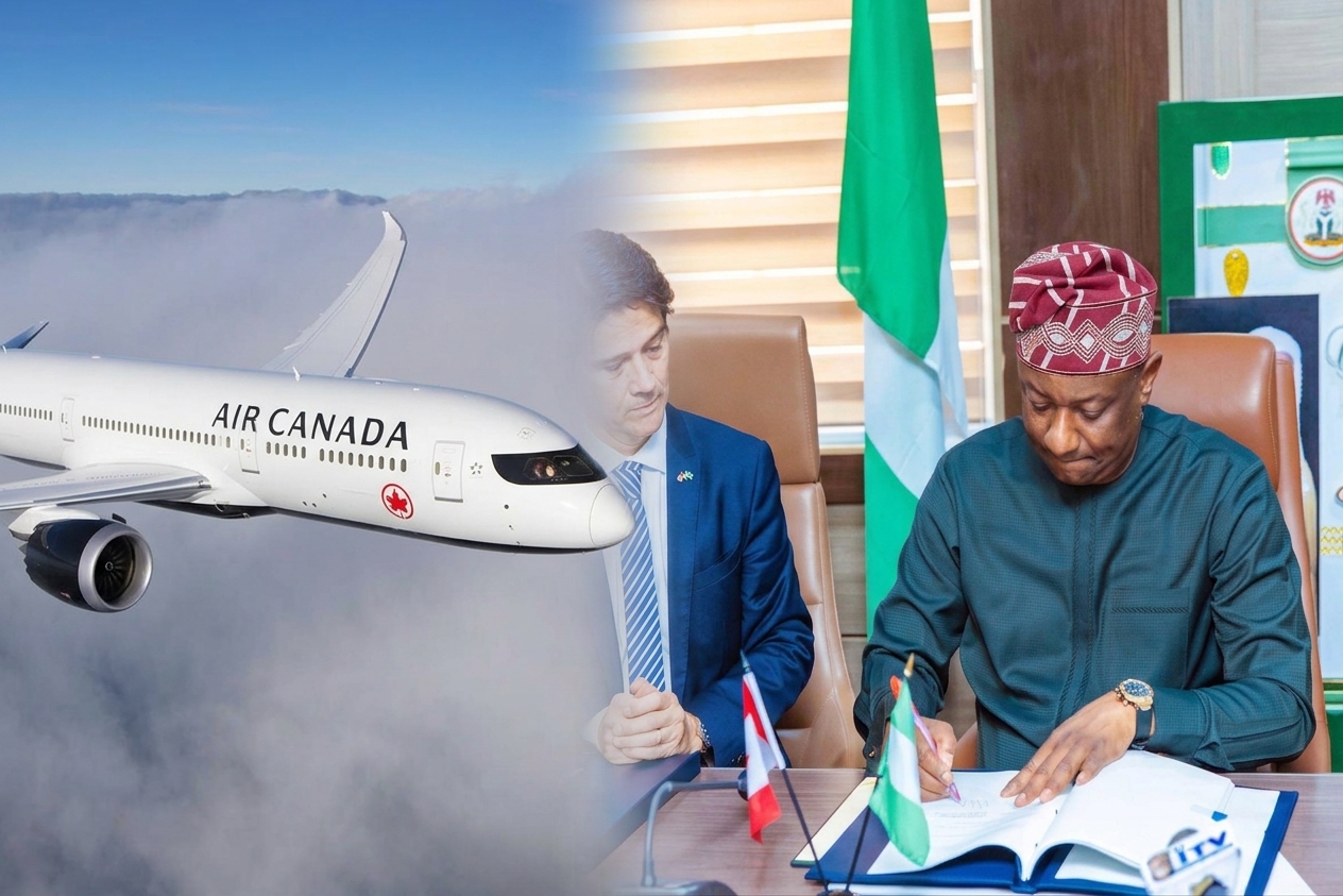 Nigerian Aviation Minister Festus Keyamo signing an aviation agreement beside a Canadian representative in Abuja.