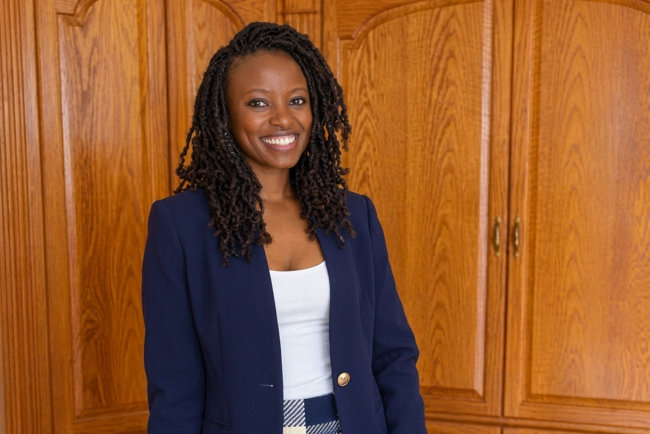 Ann Kinyanjui, a finance manager at Amazon, wearing a navy blazer over a white top.
