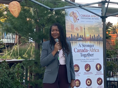 Speaker engaging in discussions about professional collaboration and Canada-Africa relations at the CAPN launch.