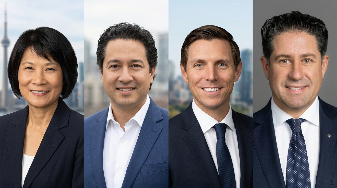 A horizontal four-panel photo collage featuring the 2026 Greater Toronto Area municipal election winners: Olivia Chow for Toronto and Patrick Brown for Brampton, Alvin Tedjo for Mississauga and Tito-Dante Marimpietri for Oshawa.