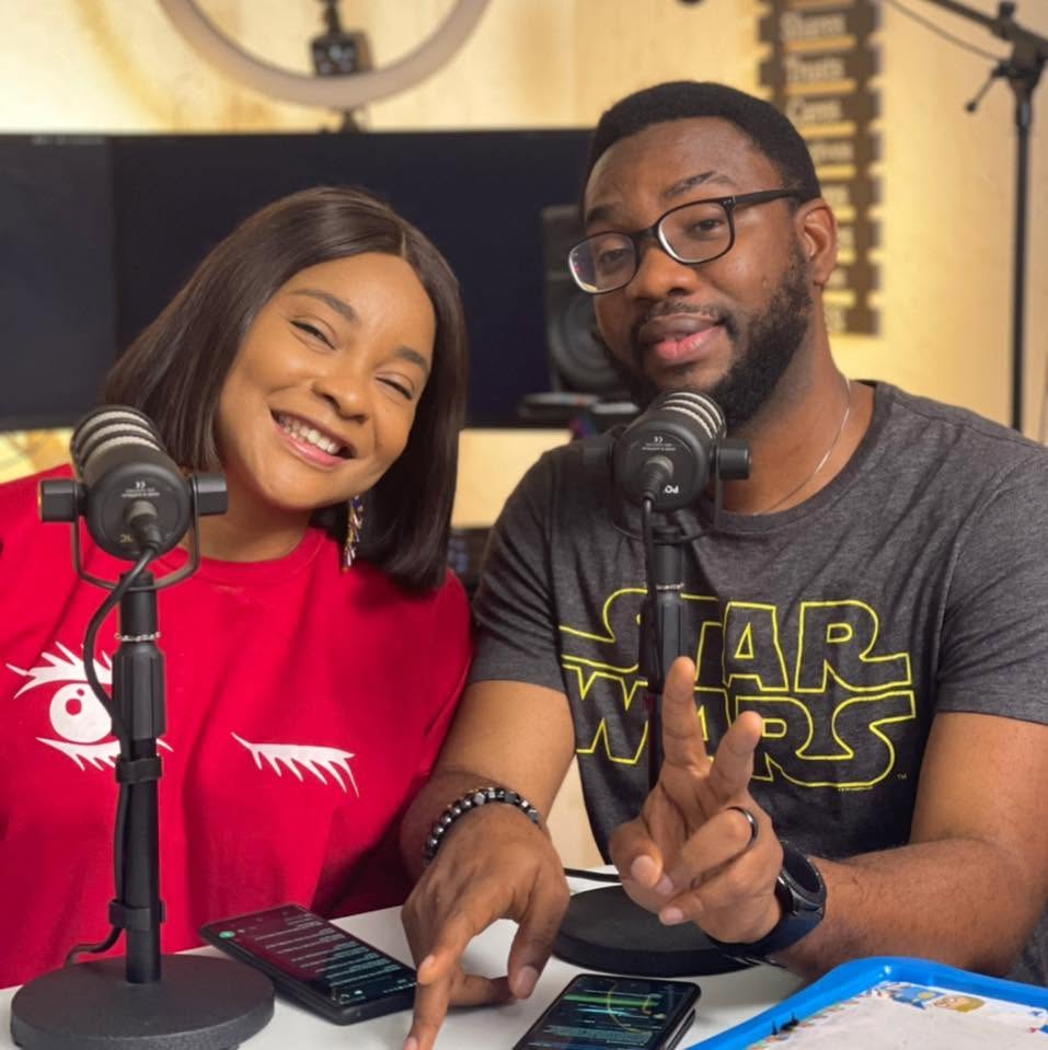 Linda Ejiofor Suleiman, Ibrahim Suleiman and podcast guests seated around microphones during a Due Parenting Podcast discussion.